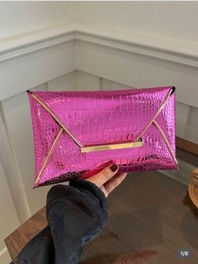 Metallic Pink Envelope Clutch with Gold Trim